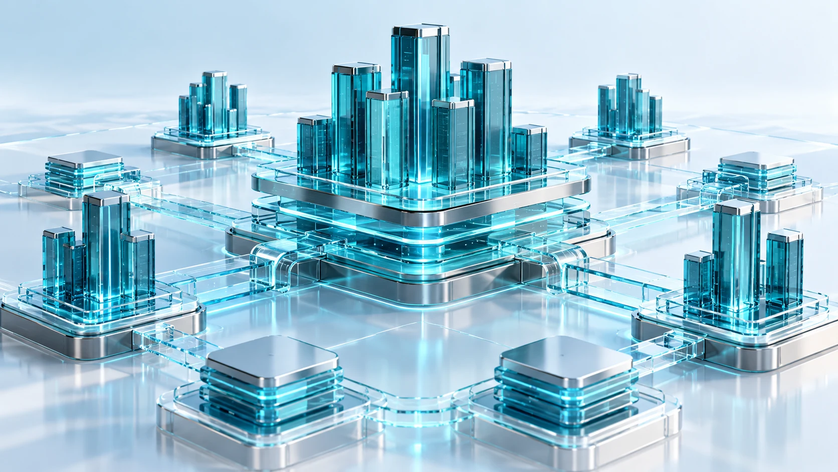 Conceptual teal data infrastructure illustrating connected cloud and analytics systems